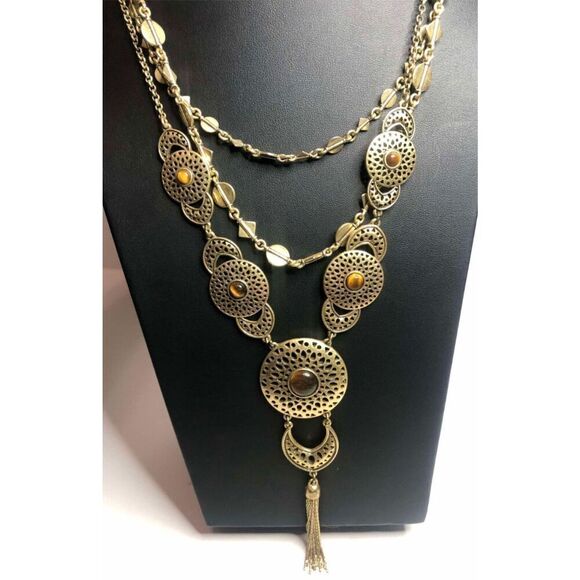 1319 Lucky brand gold tone faux tigers eye layered pendant necklace 20-22" - Picture 1 of 3